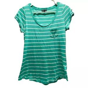 Express Women's Striped Cap Sleeve Pullover Shirt Medium Aqua White Lightweight